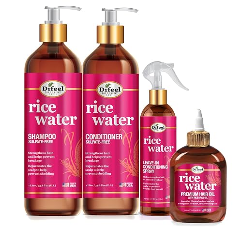 Difeel Rice Water Hair Care 4PC Shampoo & Conditioner Deep Conditioning Set - Includes 33.8oz Shampoo, 33.8oz Conditioner, 8oz Leave in & 7.1oz Hair