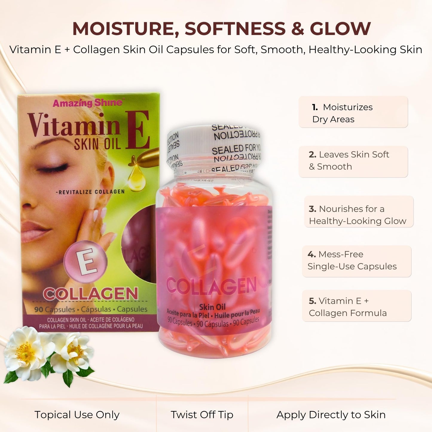 Amazing Shine Collagen Skin Oil Capsules, Topical Use Only, Single Use Twist Off Capsules, External Skin Oil, 90 Capsules