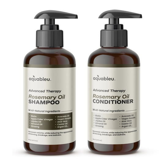 Aquableu Advanced Therapy Anti-Thinning Rosemary Oil Shampoo & Conditioner Set - Infused with 14 All-Natural Ingredients for Volume, Strength
