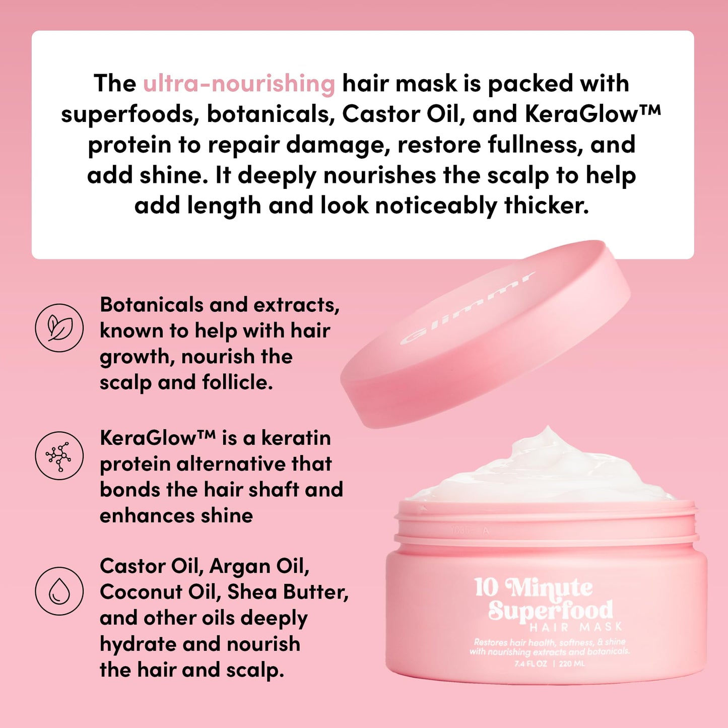 Glimmr 10-Minute Hair Mask for Damaged Hair - Deep Conditioner with Bonding Protein, Castor Oil & Superfood Extracts - Restores Shine, Reduces