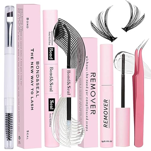 Lash Bond and Seal Kit 4 Pcs DIY Lash Extension with Waterproof Lashe Cluster Glue 72h Hold and Seal Lash Remover Tweezers Portable Eyelash Brush