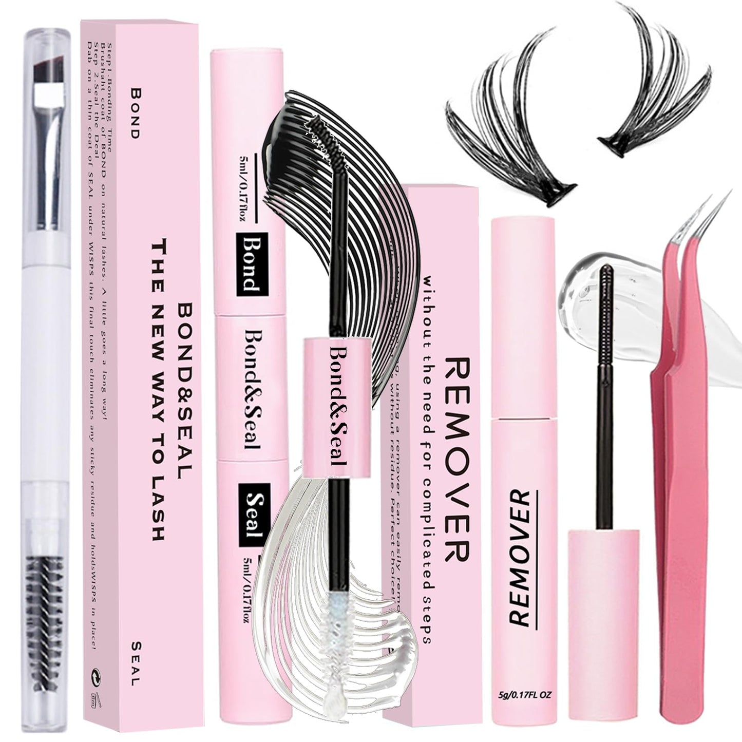 Lash Bond and Seal Kit 4 Pcs DIY Lash Extension with Waterproof Lashe Cluster Glue 72h Hold and Seal Lash Remover Tweezers Portable Eyelash Brush