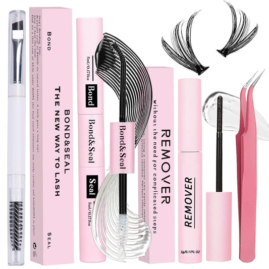 Lash Bond and Seal Kit 4 Pcs DIY Lash Extension with Waterproof Lashe Cluster Glue 72h Hold and Seal Lash Remover Tweezers Portable Eyelash Brush