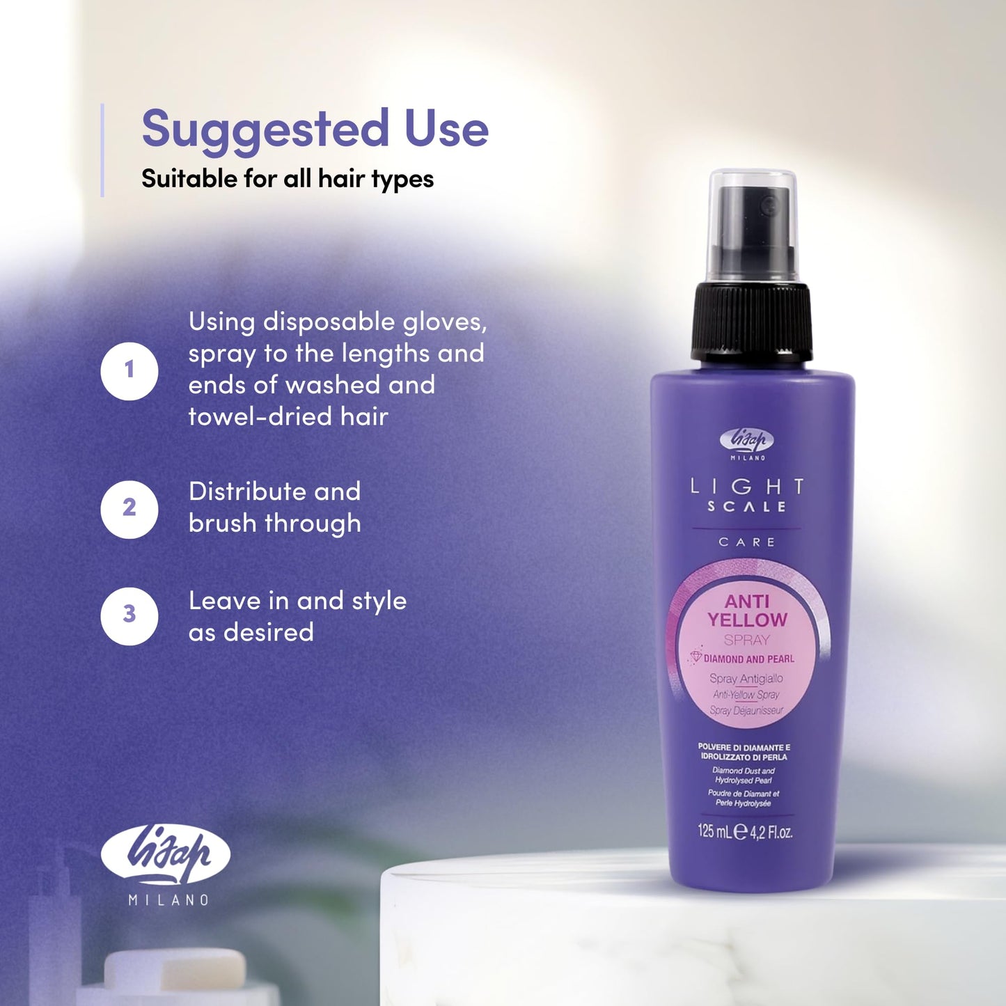 Lisap Hair Spray, Light Scale Hair Care Anti Yellow Spray & Heat Protectant Purple Toner for Blondes, Toning Blonde, White, Silver Hair & Highlights