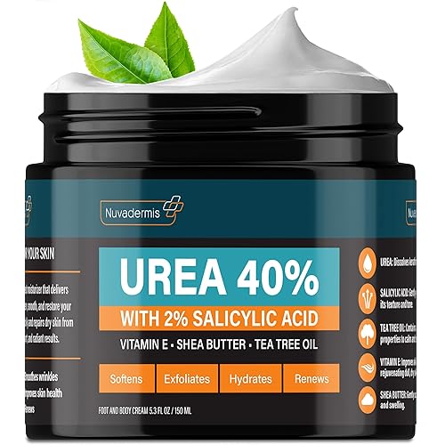 NUVADERMIS Urea Cream 40 Percent for Feet Maximum Strength - 40% Urea Foot Cream for Dry Cracked Heels and Feet - 2% Salicylic Acid, Shea Butter, Tea