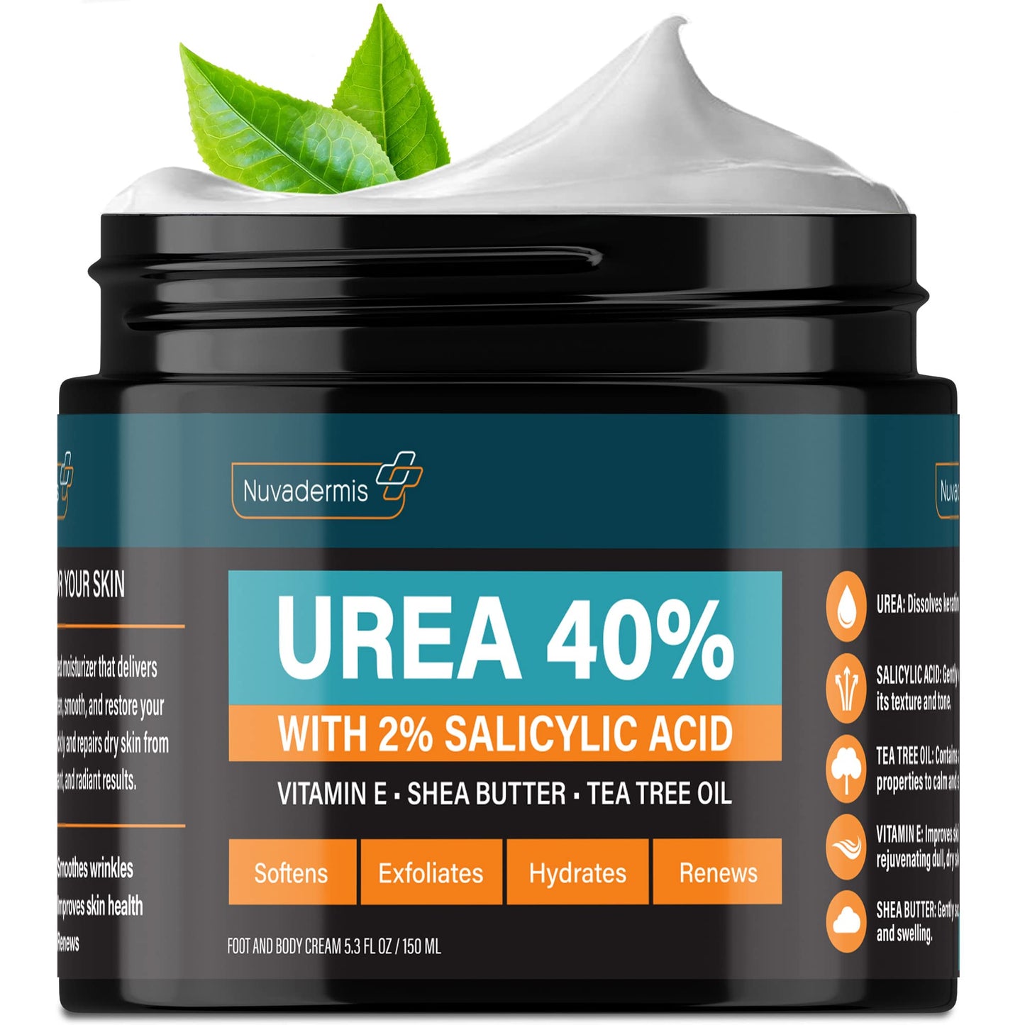 NUVADERMIS Urea Cream 40 Percent for Feet Maximum Strength - 40% Urea Foot Cream for Dry Cracked Heels and Feet - 2% Salicylic Acid, Shea Butter, Tea