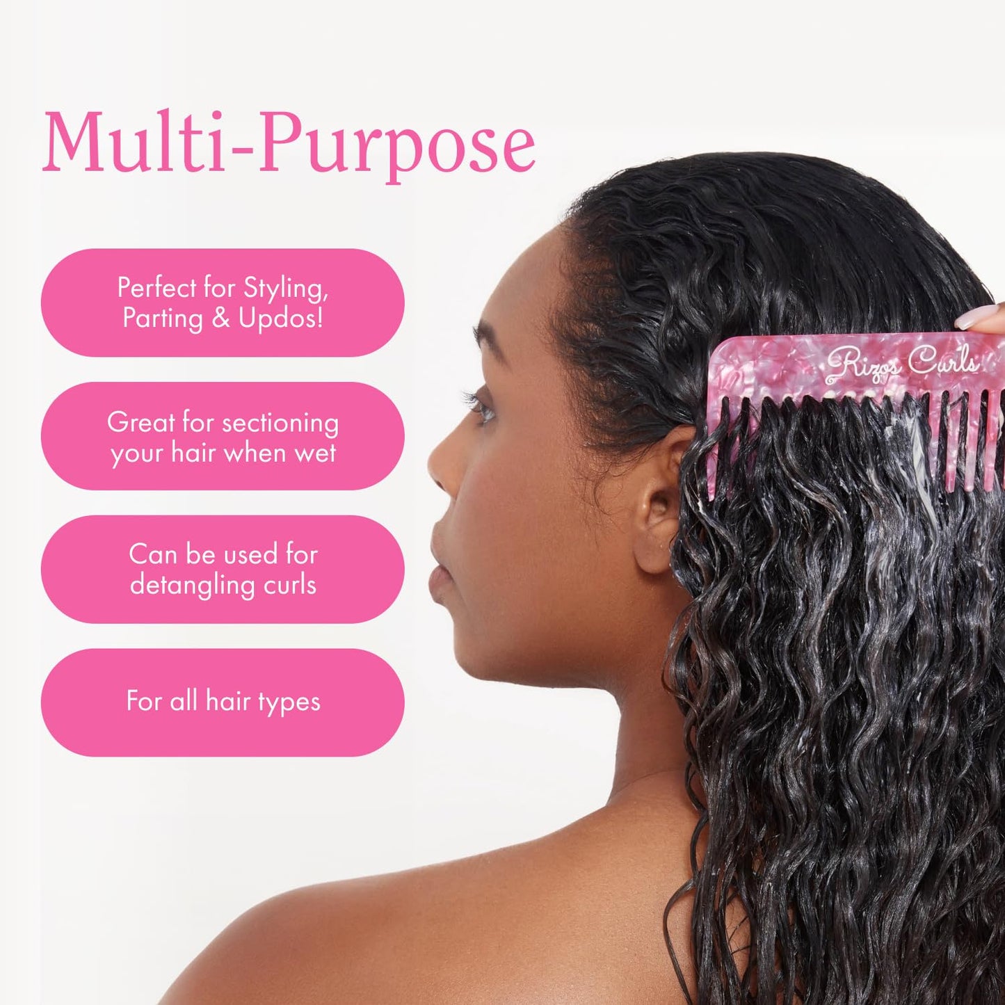 Rizos Curls Wide Tooth Shower Comb for Detangling, Parting & Styling, Gentle for all Hair Textures, Pink