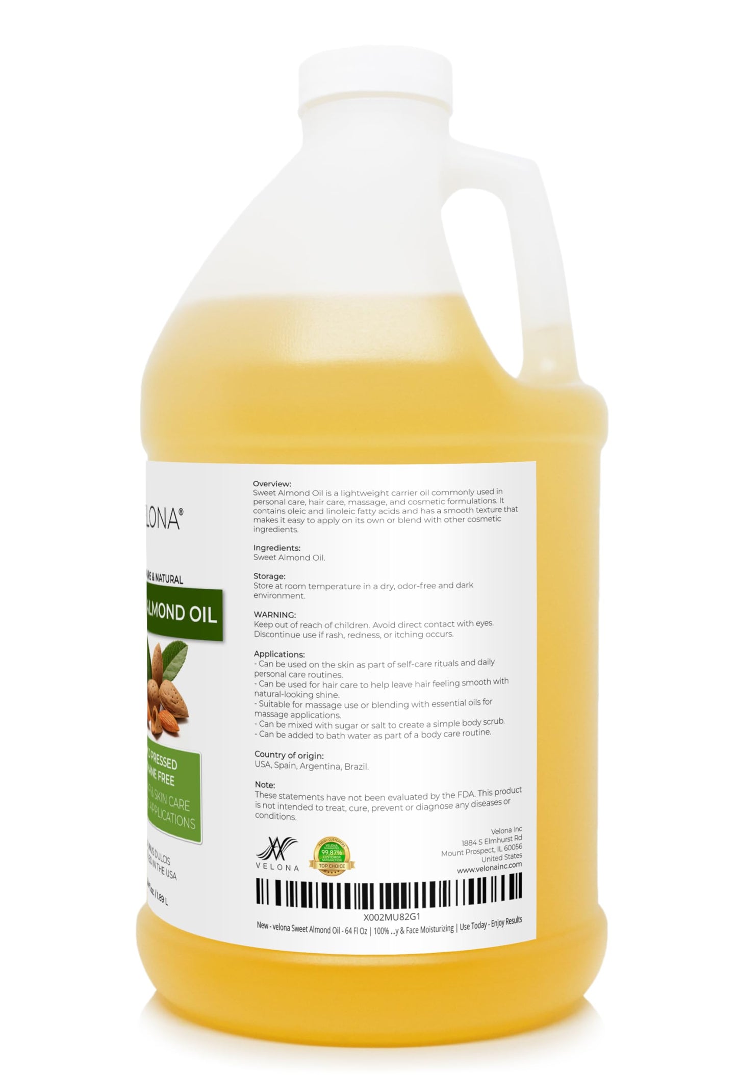 velona Sweet Almond Oil - 64 Fl Oz | 100% Pure and Natural Carrier Oil |Cold Pressed | Skin, Hair, Body & Face Moisturizing | Use Today - Enjoy Beauty and Personal Care velona