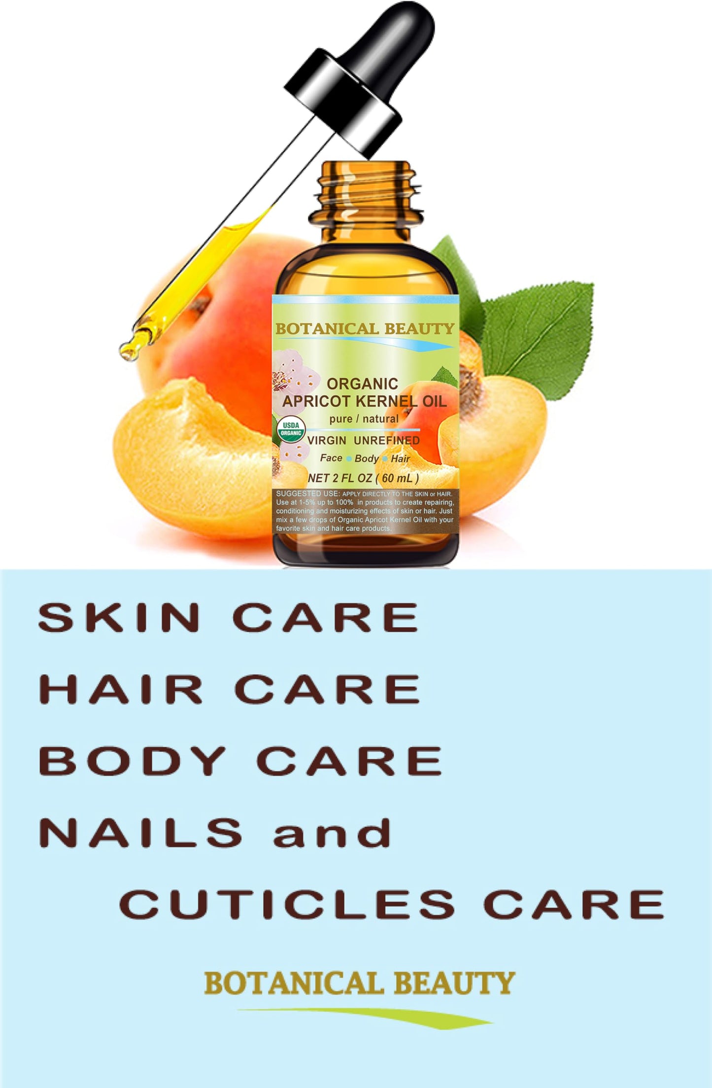 Botanical Beauty ORGANIC APRICOT KERNEL OIL Australian. 100% Pure Virgin Unrefined Cold Pressed Carrier Oil 1 oz- 30 ml. For Face, Hair, Body, Nails