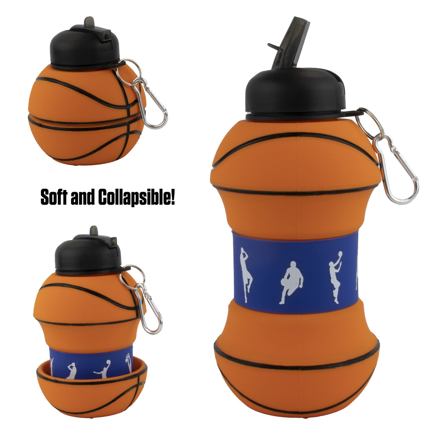 Maccabi Art Clip-On Collapsible 1 Liter, 34 oz. size BPA-Free Silicone Basketball Large Water Bottle for Kids