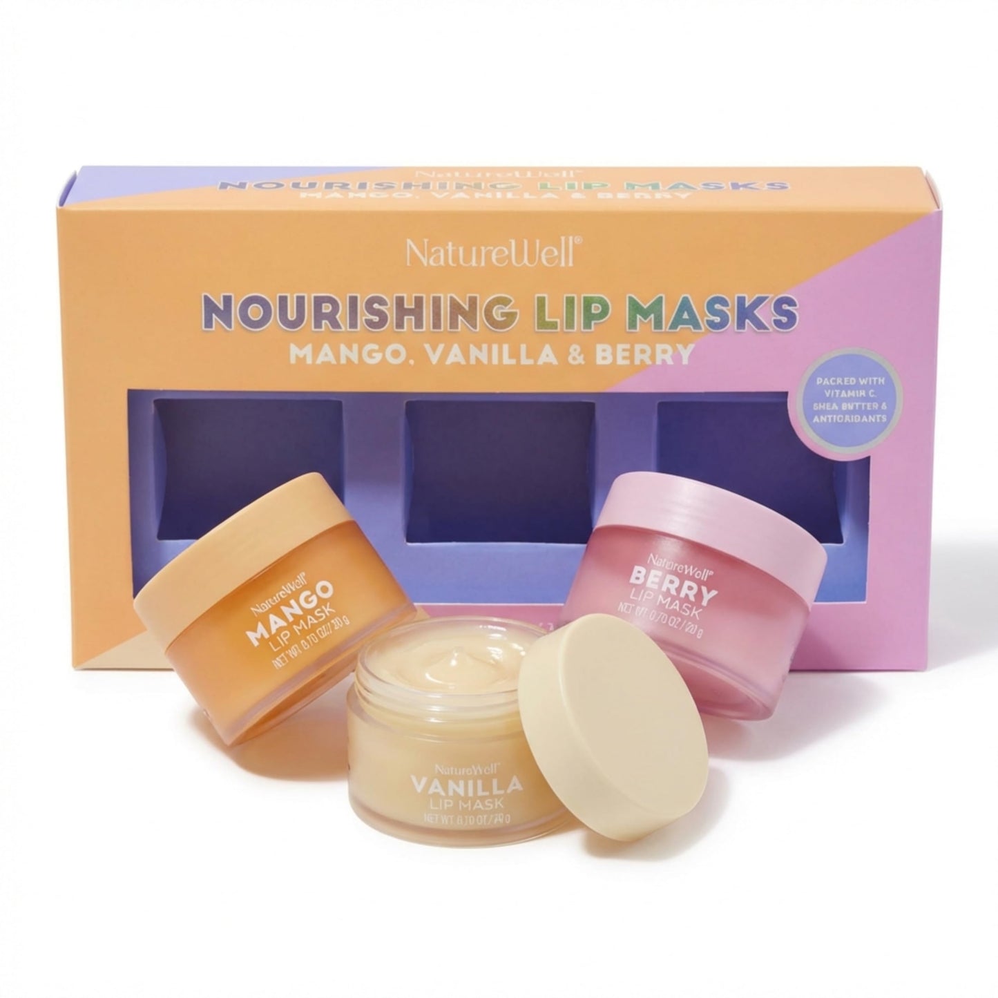 NATURE WELL Hydrating Lip Masks Variety Pack, Includes Mango, Vanilla & Berry Scents, High-Shine, Non-Greasy, Conditioning & Softening, 0.70 Ounce