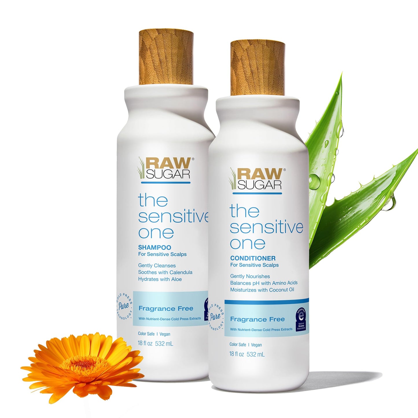 Raw Sugar Shampoo and Conditioner Set, The Sensitive One Hair Care Duo, 16 Fl Oz Each, Gently Cleanses, Soothes & Hydrates with Calendula & Aloe, No