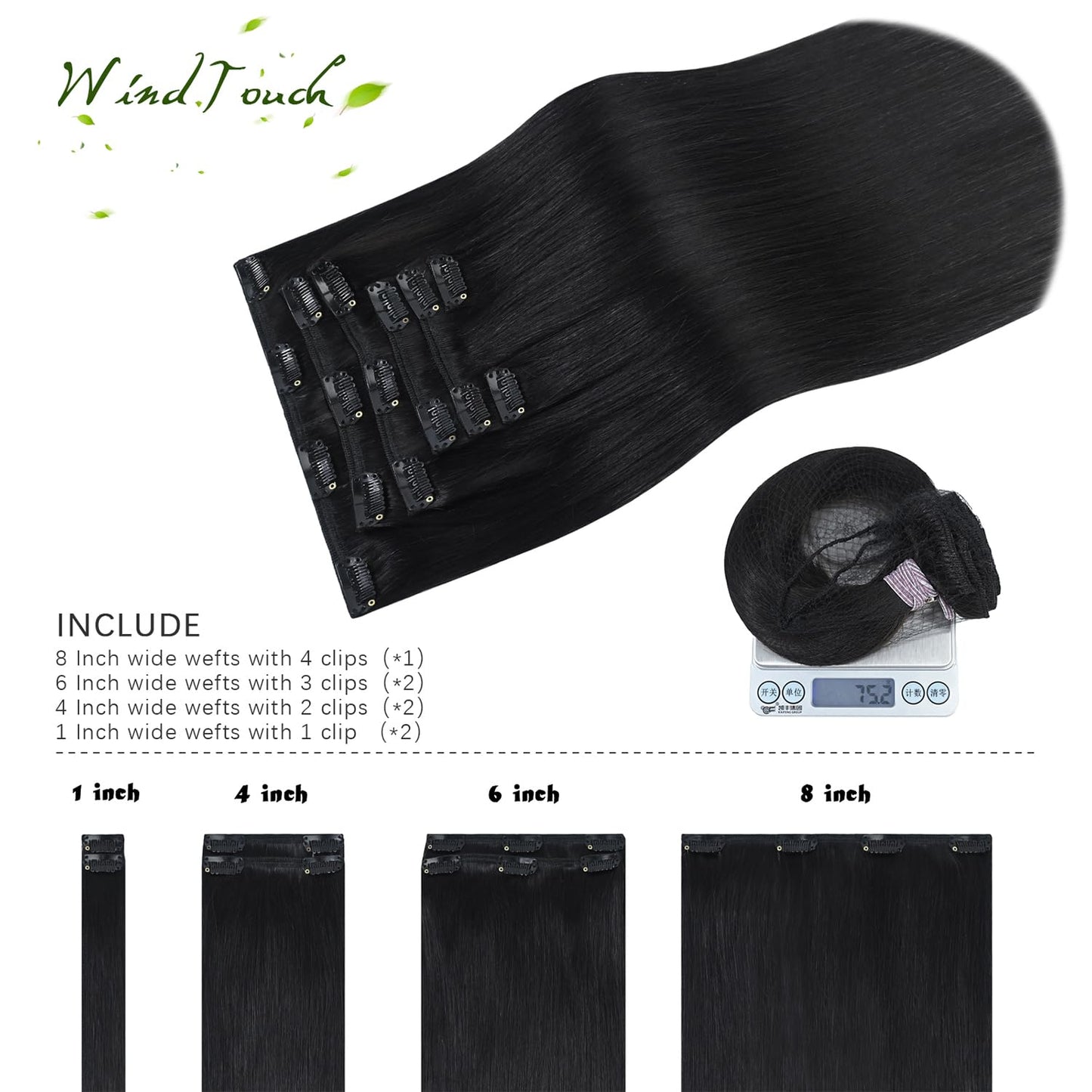WindTouch Clip in Hair Extensions Real Human Hair Black Hair Extensions 12Inch 70g 7PCS Clip Ins Real Human Hair #1B Natural Black Clip in Hair