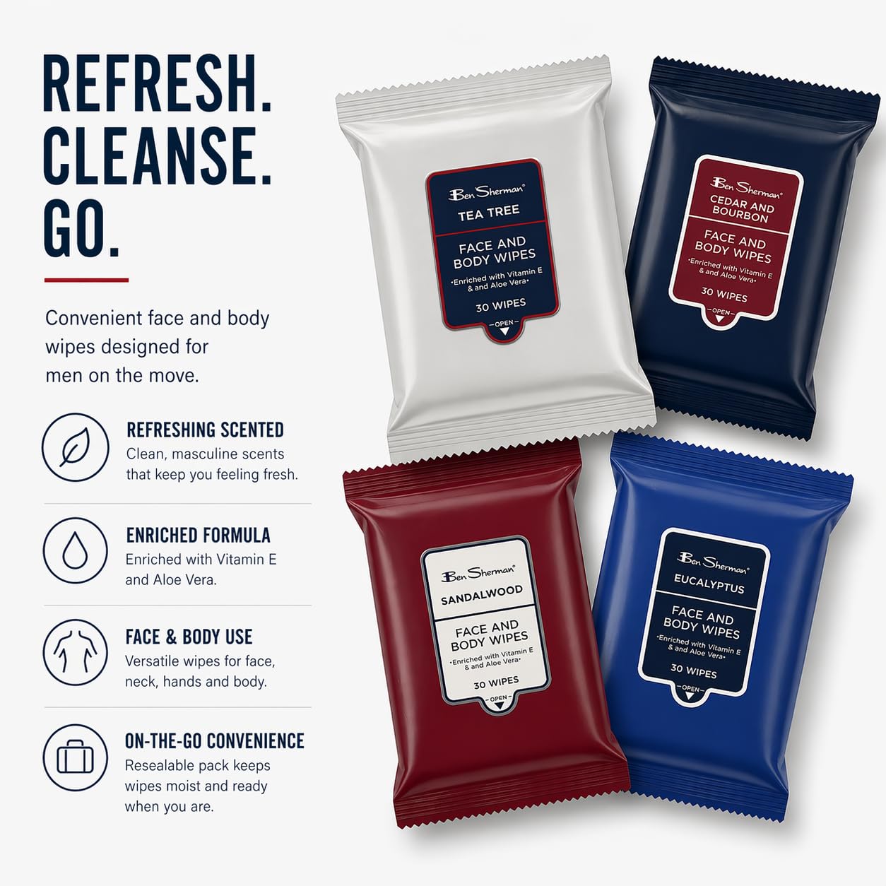 Ben Sherman Men's Face Wipes - 4 Pack (120 Total) Cleansing Wipes for Men with Cedar & Bourban, Eucalyptus, Tea Tree & Sandalwood
