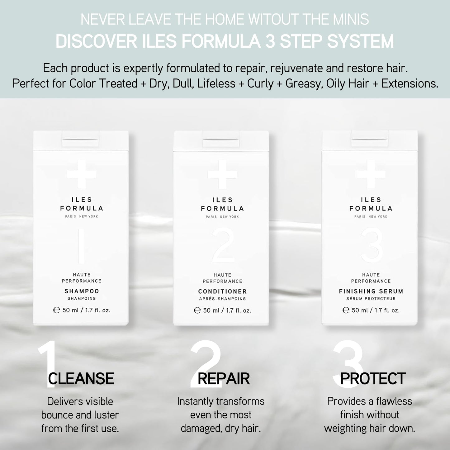 ILES FORMULA Mini Signature Collection - Moisturizing Travel Shampoo & Conditioner w/Mini Finishing Serum Blow Dry Cream for Dry, Damaged, Frizzy Hair