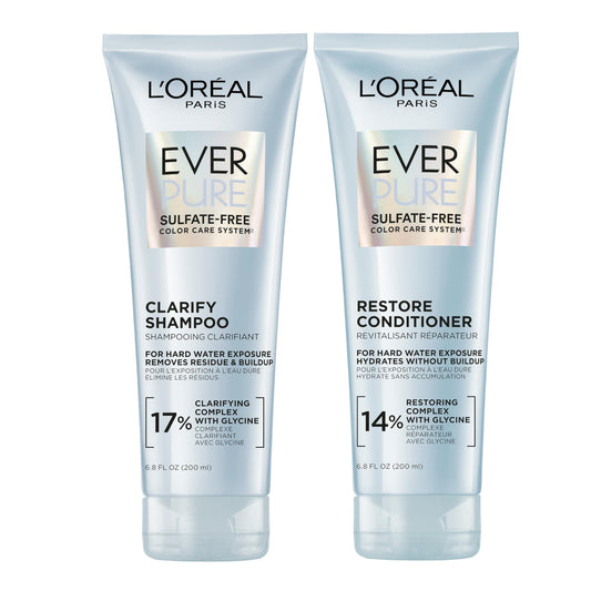 L'Oreal Paris Clarify and Restore Sulfate Free Shampoo and Conditioner Set with Antioxidants for Hard Water Exposure and Styling Build-up, EverPure, 1