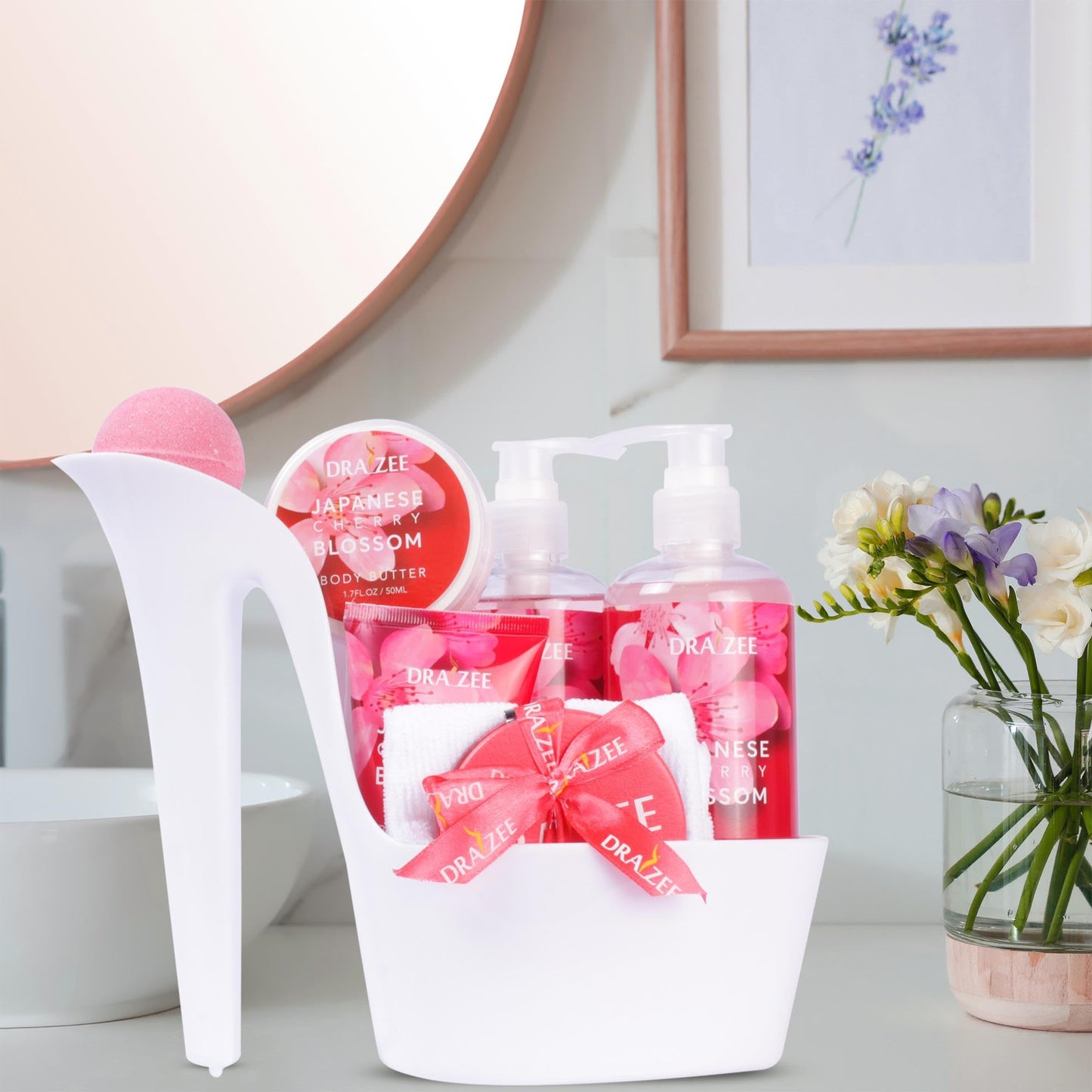 Valentine’s Day Gifts for Women - 8 Pc Spa Gift Baskets for Women, Cherry Blossom Scented Heel Shoe Spa Basket, Elegant Bath Set, Romantic Spa Gift