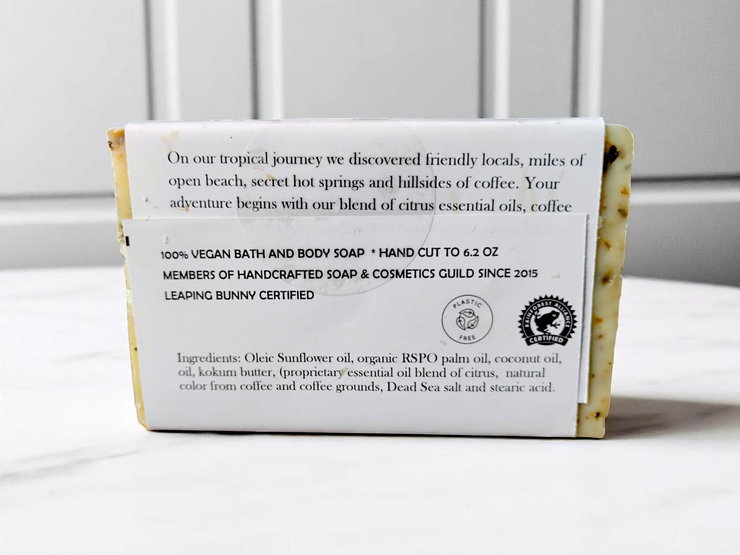 WFG WATERFALL GLEN SOAP COMPANY, LLC, Costa Rican Adventure bath soap, bergamot and citrus with a coffee scrub, enriched with kokum butter