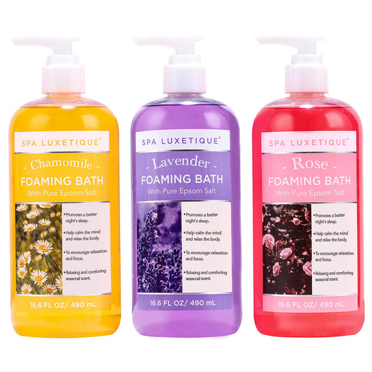 Spa Luxetique Bubble Bath, Foaming Bath with Epsom Salt, Chamomile Rose and Lavender Scent Bathing Set, 3 Pack 49.8 fl oz Christmas Gifts Set