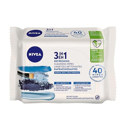 NIVEA 3-in-1 Refreshing Face Cleansing Wipes (40 Count), Normal/Combination Skin, Biodegradable, Plant-Based Fibres, Makeup Remover, Dermatologically
