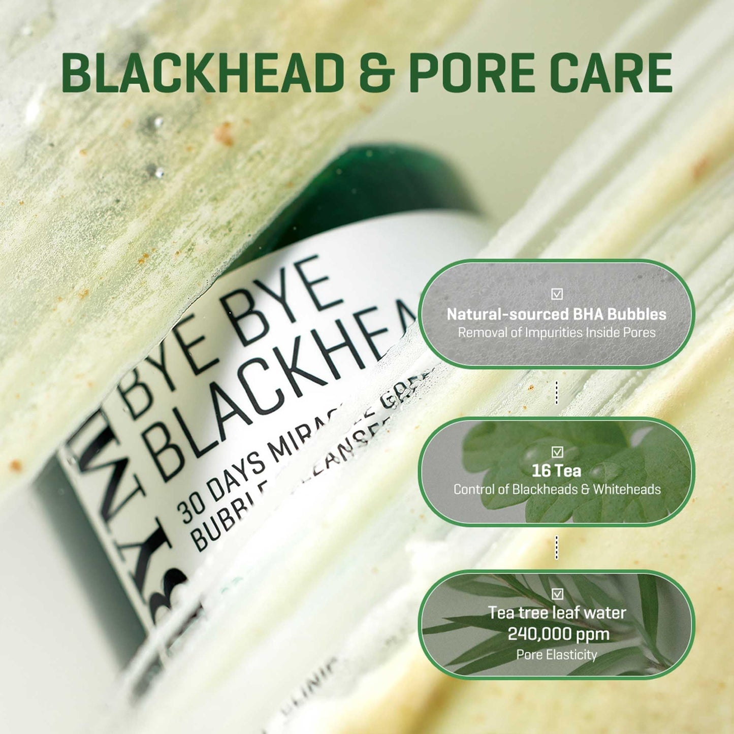 SOME BY MI Bye Bye Blackhead 30 Days Miracle Green Tea Tox Bubble Cleanser - 4.23oz, 120g - Korean Face Wash & Bubble Face Mask - Daily