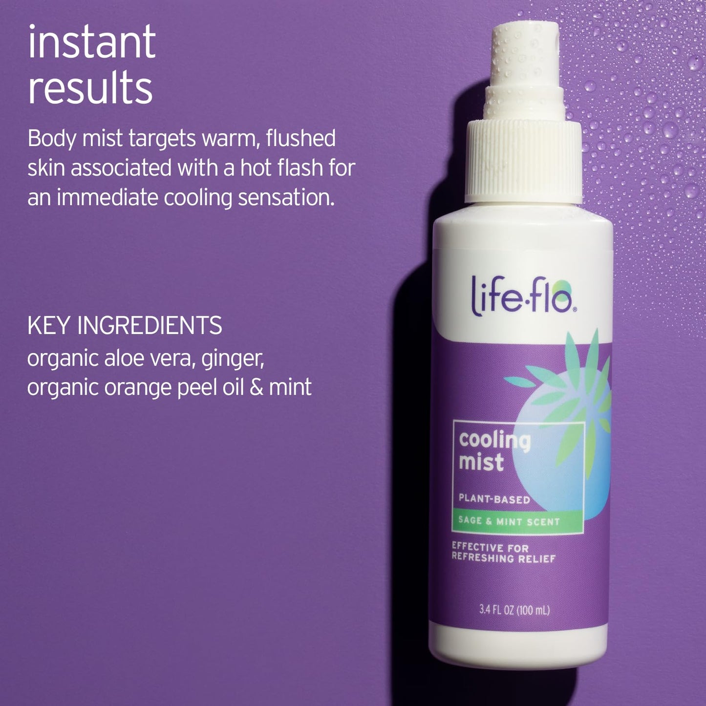 LIFE-FLO Cooling Mist - Refreshing Body Mist for Women - Instantly Cools Hot Flashes with Ginger, Organic Aloe Vera and Lavender - Fresh Sage Mint