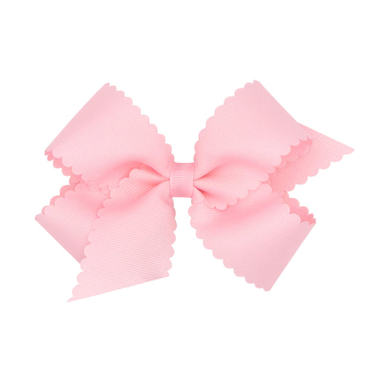Wee Ones Girls' Classic Grosgrain Hair Bow with Scalloped Edges and Plain Wrap Center on a WeeStay Hair Clip, Medium, Light Pink