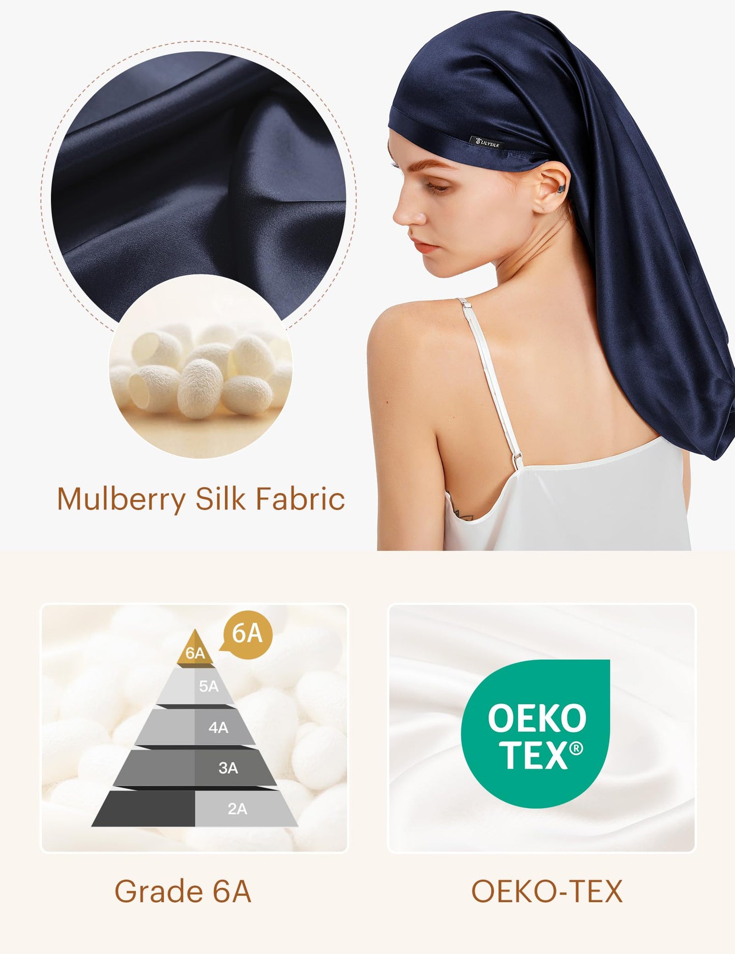 LILYSILK 100% Silk Bonnet Mulberry 19 Momme Silk Sleep Cap Long for Curly Hair Night Cap for Sleeping, Silk Hair Wrap for Women Navy Blue Beauty and Personal Care LilySilk