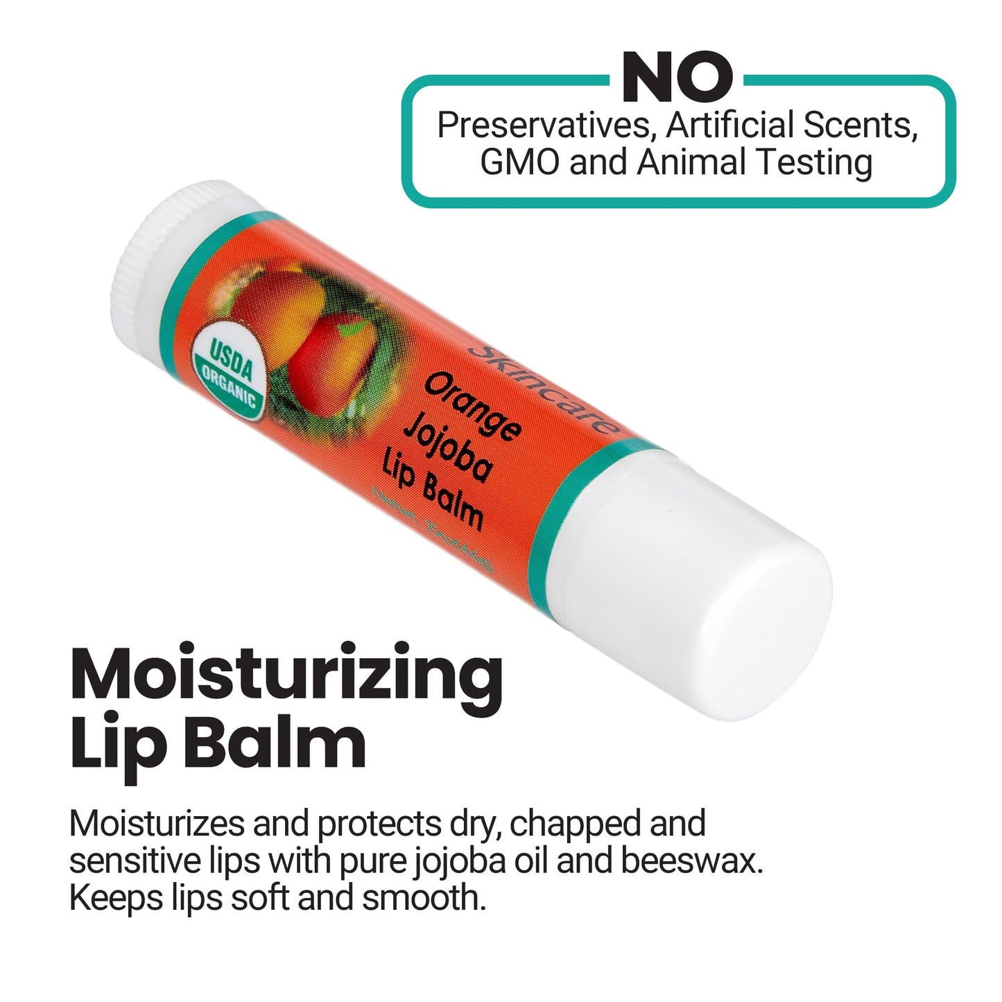 Desert Oasis Skincare | USDA Organic Orange Lip Balm - 70% Jojoba Oil with Beeswax - Natural Orange Essential Oil - Nourishes & Softens Dry Lips
