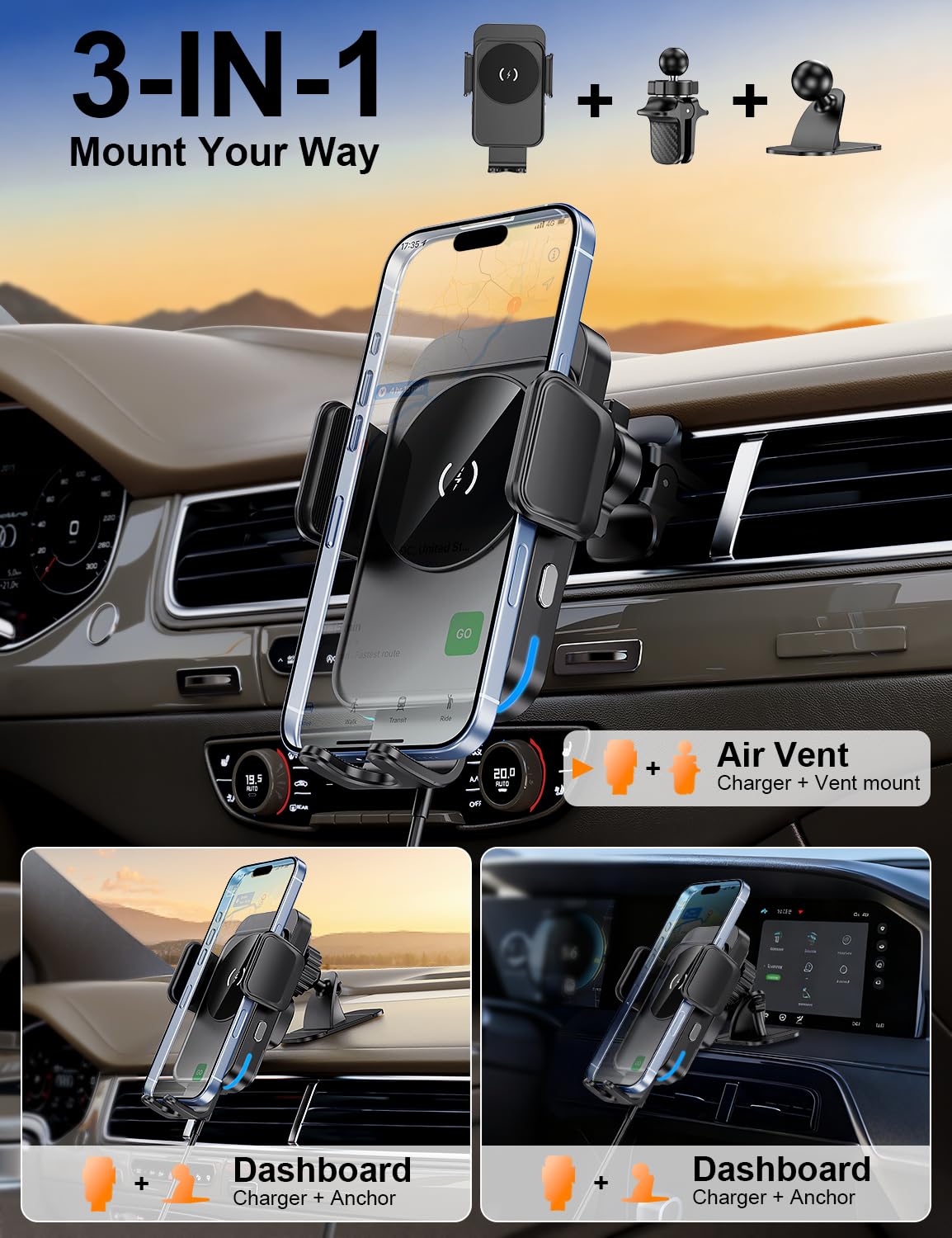 Wireless Car Charger, 15W Fast Charging [Auto Clamping] [Auto Alignment] Phone Holders for Your Car Dashboard Windshield Air Vent Car Accessories…