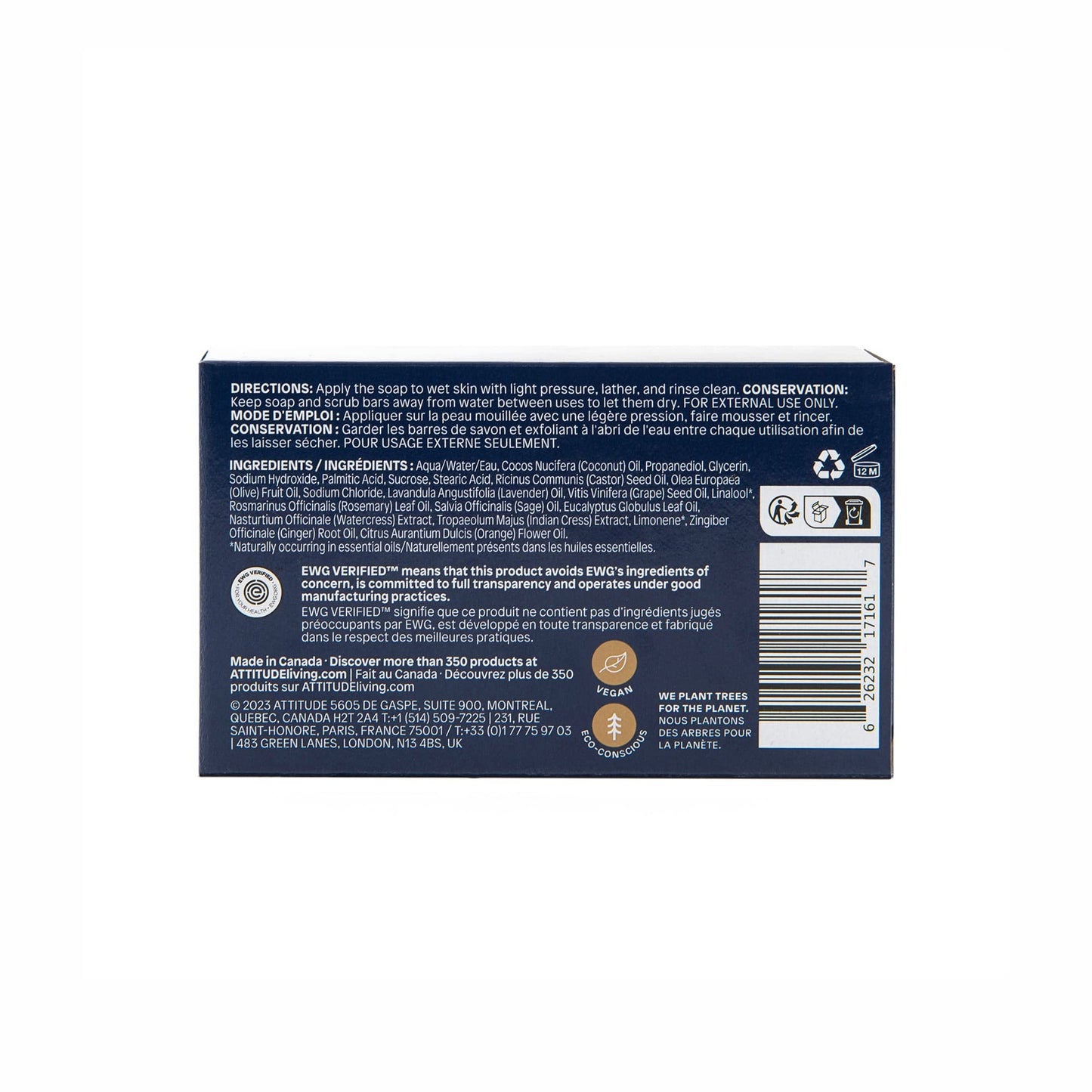 ATTITUDE Body Soap Bar, Natural Origin,Protects and Softens Dry Skin, Coconut & Olive Oils, For Men and Women, EWG verified & Vegan, Sage & Rosemary