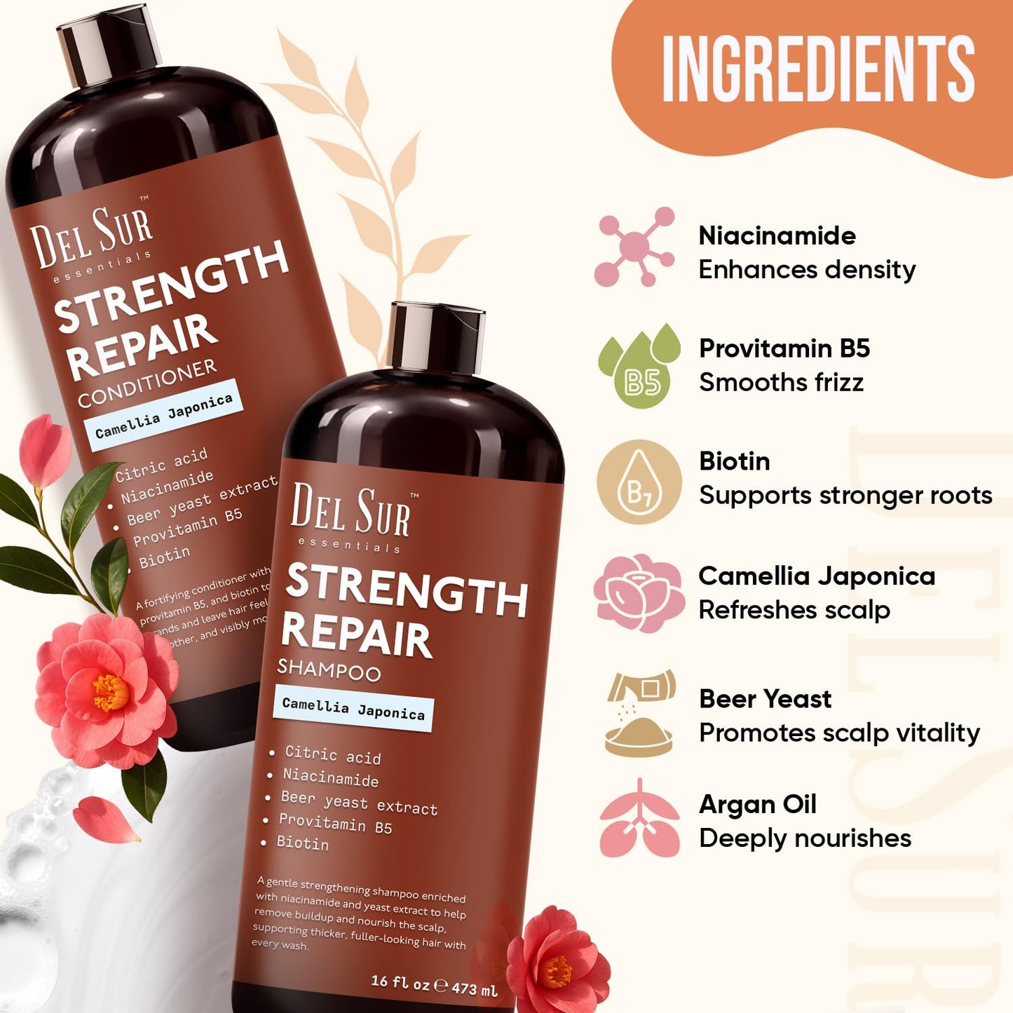 DEL SUR Hair Strengthening Shampoo and Conditioner Set | 16 fl oz Each | with Camellia Japonica, Niacinamide, Provitamin B5 & Biotin | Repair