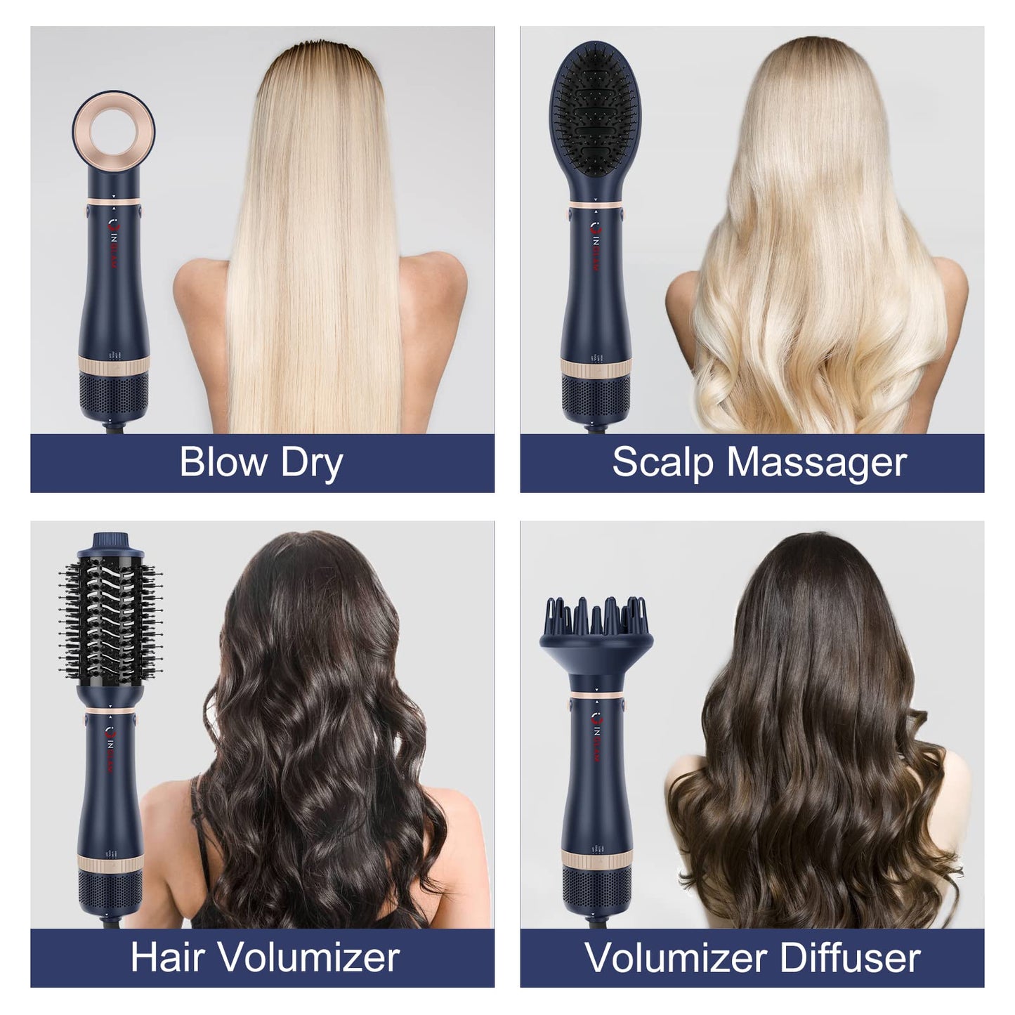 Hair Dryer Brush Set, IG INGLAM 4 in 1 Blowout Brush, Negative Ion Detachable Hair Dryer & Styler Volumizer Hot Air Hair Dryer Brush with 2 Styling