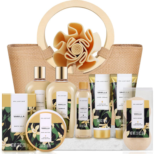 Spa Luxetique Spa Gift Baskets for Women - Vanilla Bath Set with Bubble Bath, Body Lotion Gift Set, Vanilla Spa Set, Birthday Woman Gifts, Mothers Day