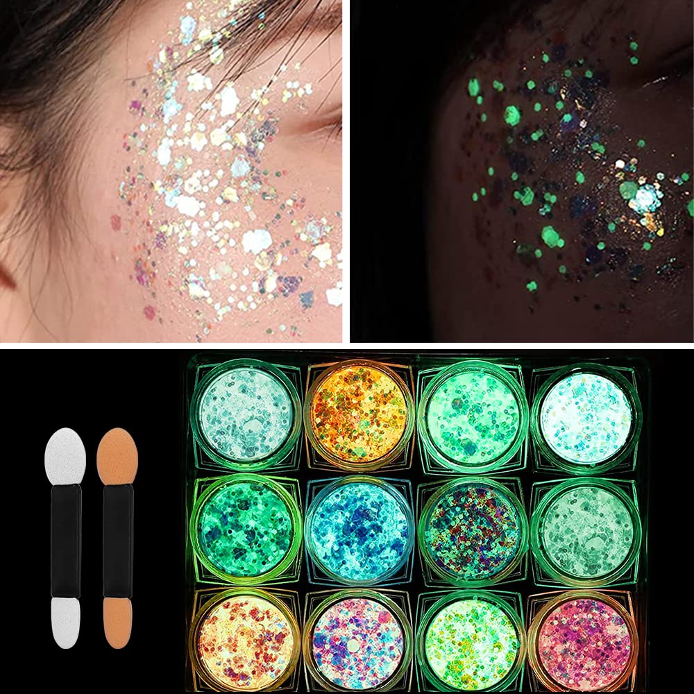 IYARKAI® Glitter Gel Makeup, Iridescent Glitter Set 12 Colours, Glitter Powder Kit, Glitter Cosmetic for Face Nails Eyes Lips Hair Body, Music