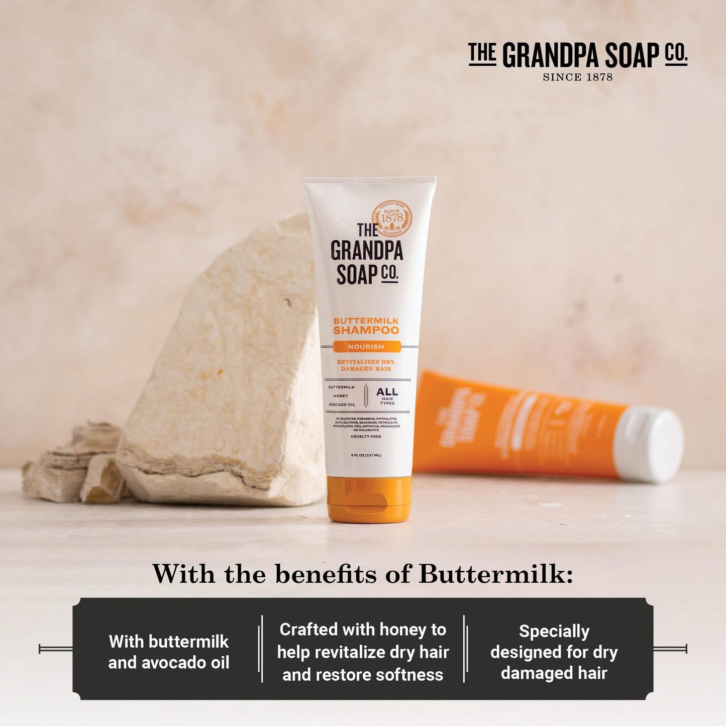 The Grandpa Soap Company Buttermilk Shampoo - Nourishing Formula to Help Revitalize Dry and Damaged Hair, With Honey & Avocado Oil, Vegan, Sulfates