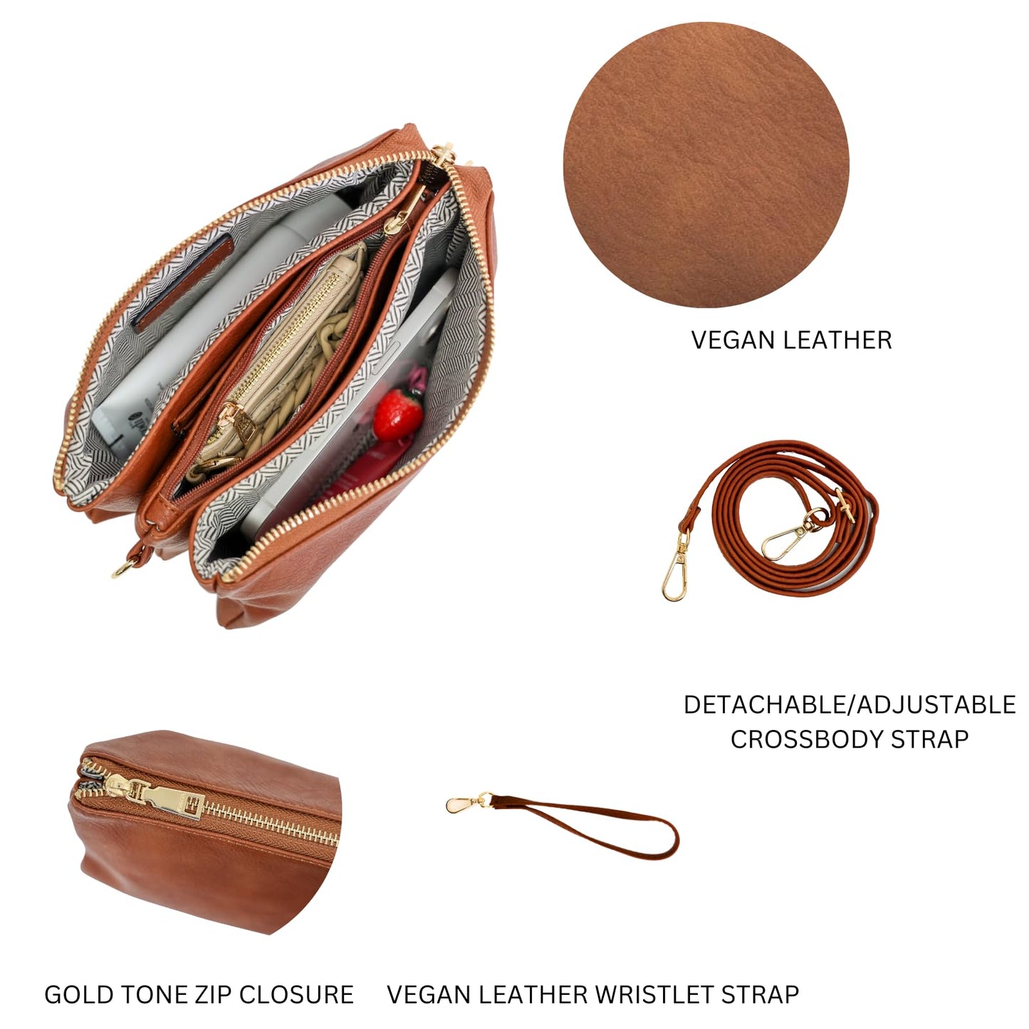 JEN & CO. Riley Small Crossbody Bags for Women Vegan Leather Wristlet Clutch Wallet Purses Handbags with 2 Straps (Rose Gold)