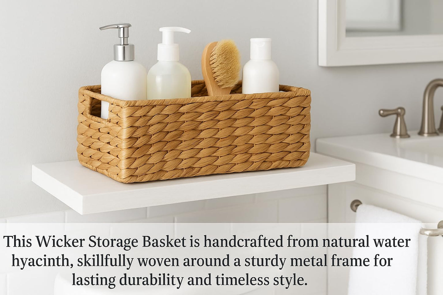 Handwoven Water Hyacinth Storage Basket with Handles, Rectangular Woven Organizer Bin for Shelves, Closet, or Living Room - Natural Seagrass Look…