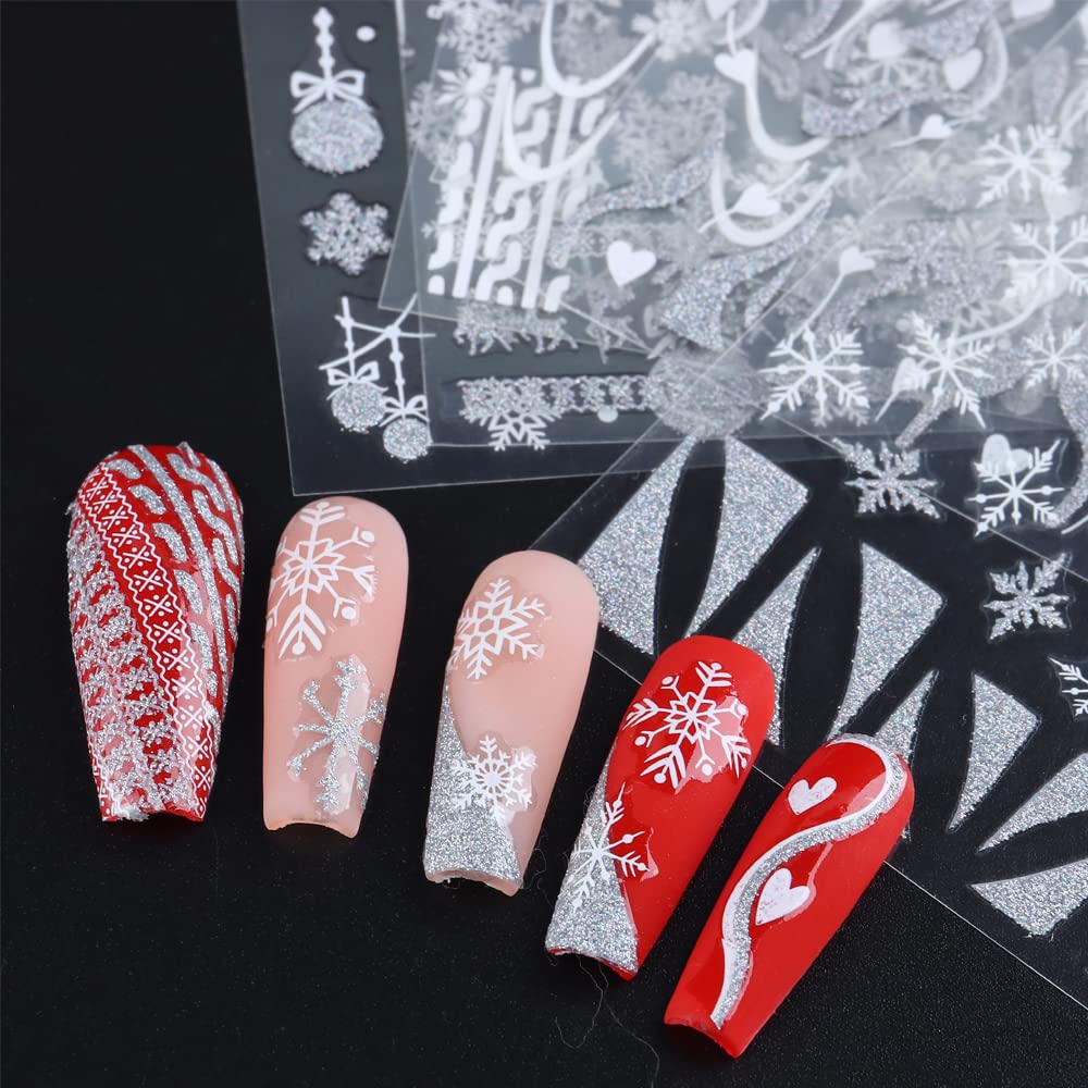 Christmas Nail Art Stickers, Snowflake Nail Decals 3D Self-Adhesive Gold Silver White Snowflake Elk Bell Xmas Tree Winter Nail Design DIY Christmas