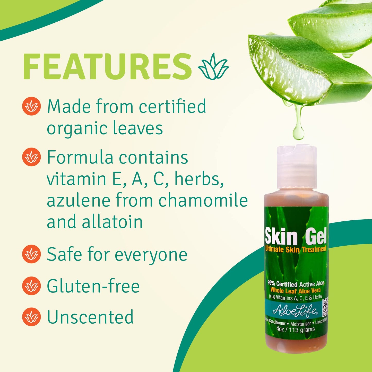 Aloe Life - Skin Gel & Herbs Ultimate Skin Treatment, 99% Certified Organic Whole Leaf Aloe Vera, Vitamins C, A, & E, Head-to-Toe Skin Care Support