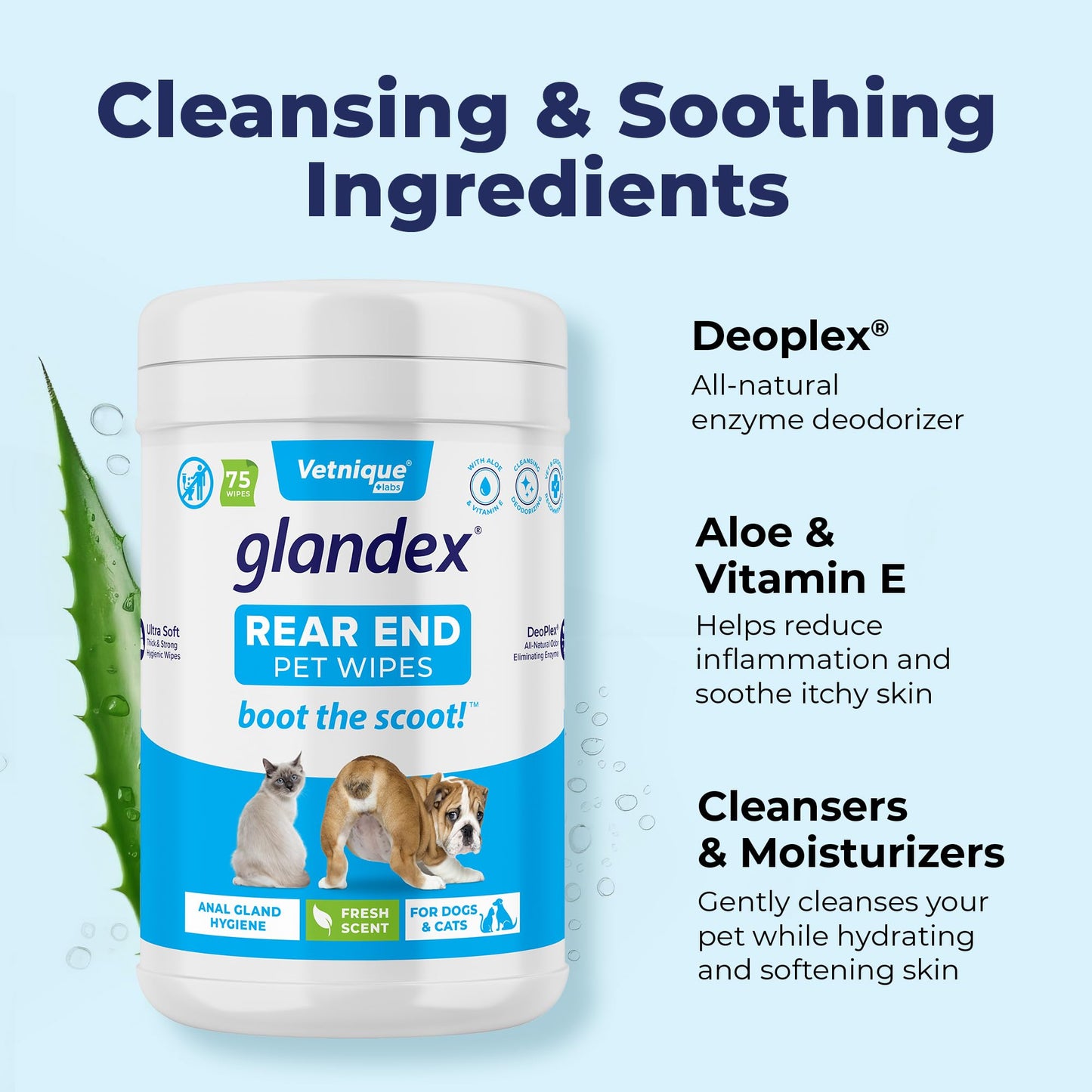 Vetnique Labs Glandex Dog & Cat Wipes – 75ct Cleansing & Deodorizing with Aloe, Vitamin E & Skin Conditioners