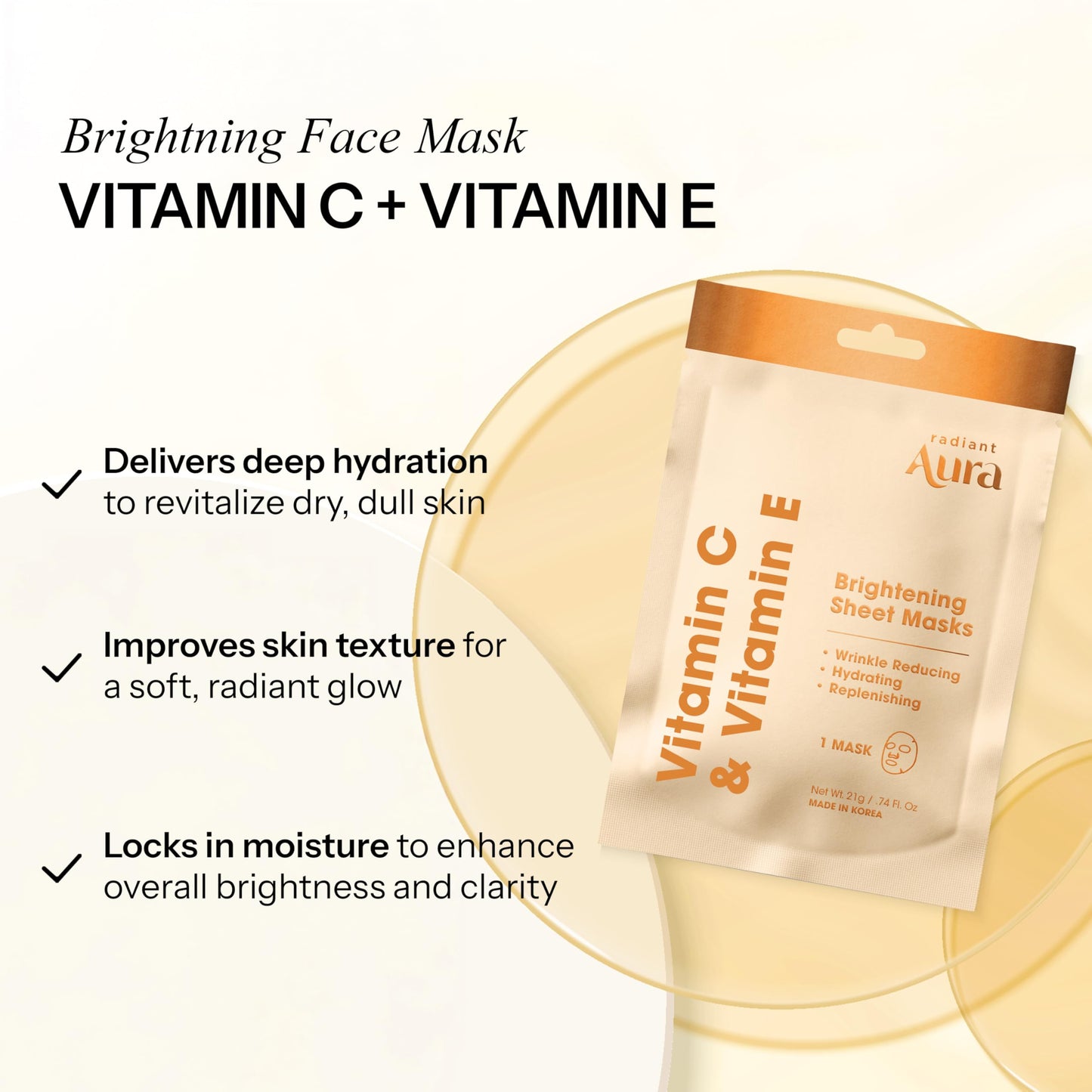 Radiant Aura Vitamin E & Vitamin C Sheet Mask - Dermatologist Tested, Anti Aging, Korean Skin Care - Deep Hydration, Softens Fine Lines, Fades The