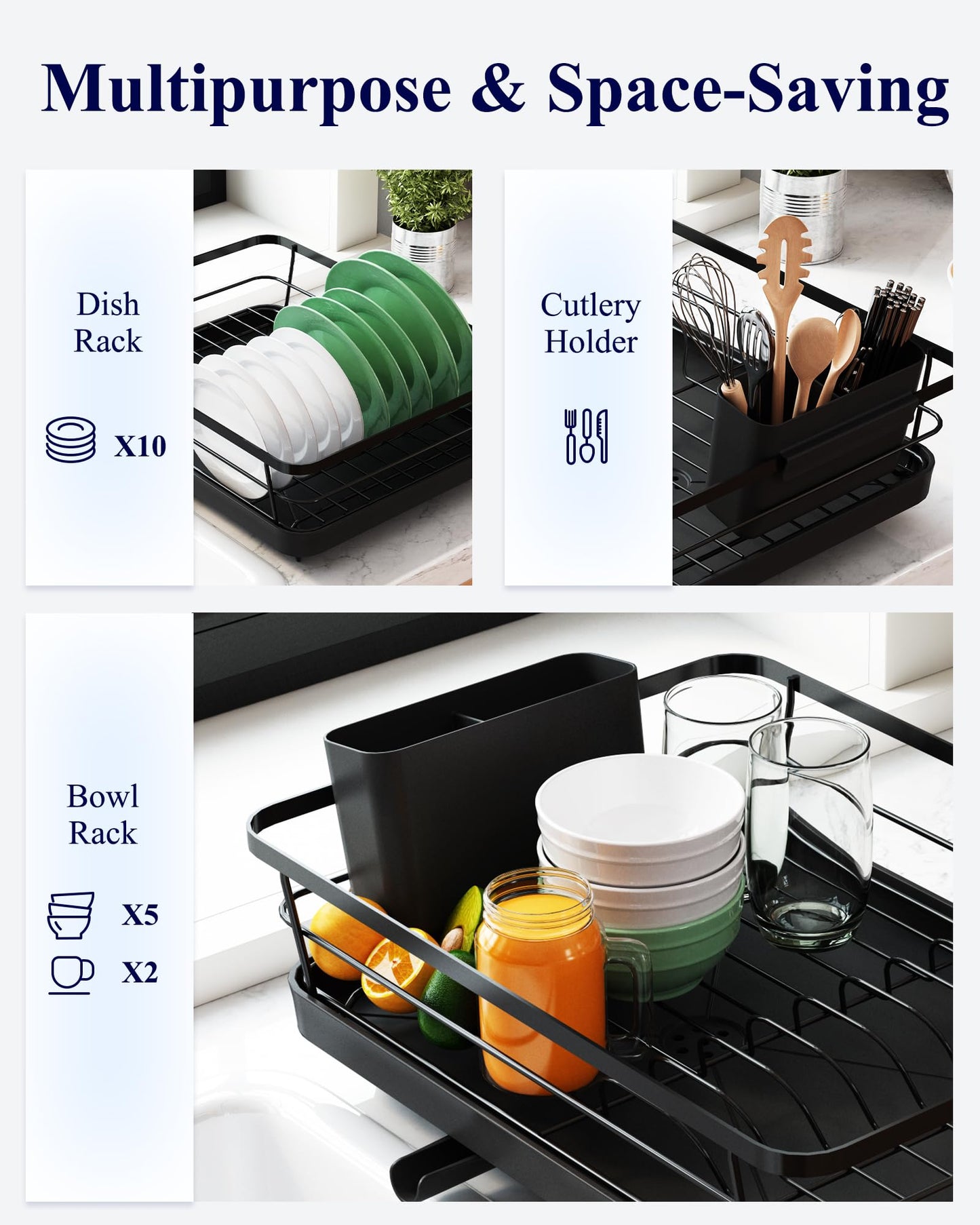Kitsure Dish Drying Rack for Kitchen Counter, Stainless Steel with Cutlery Holder, Sink Organization & Storage, 12"x15.5", Black