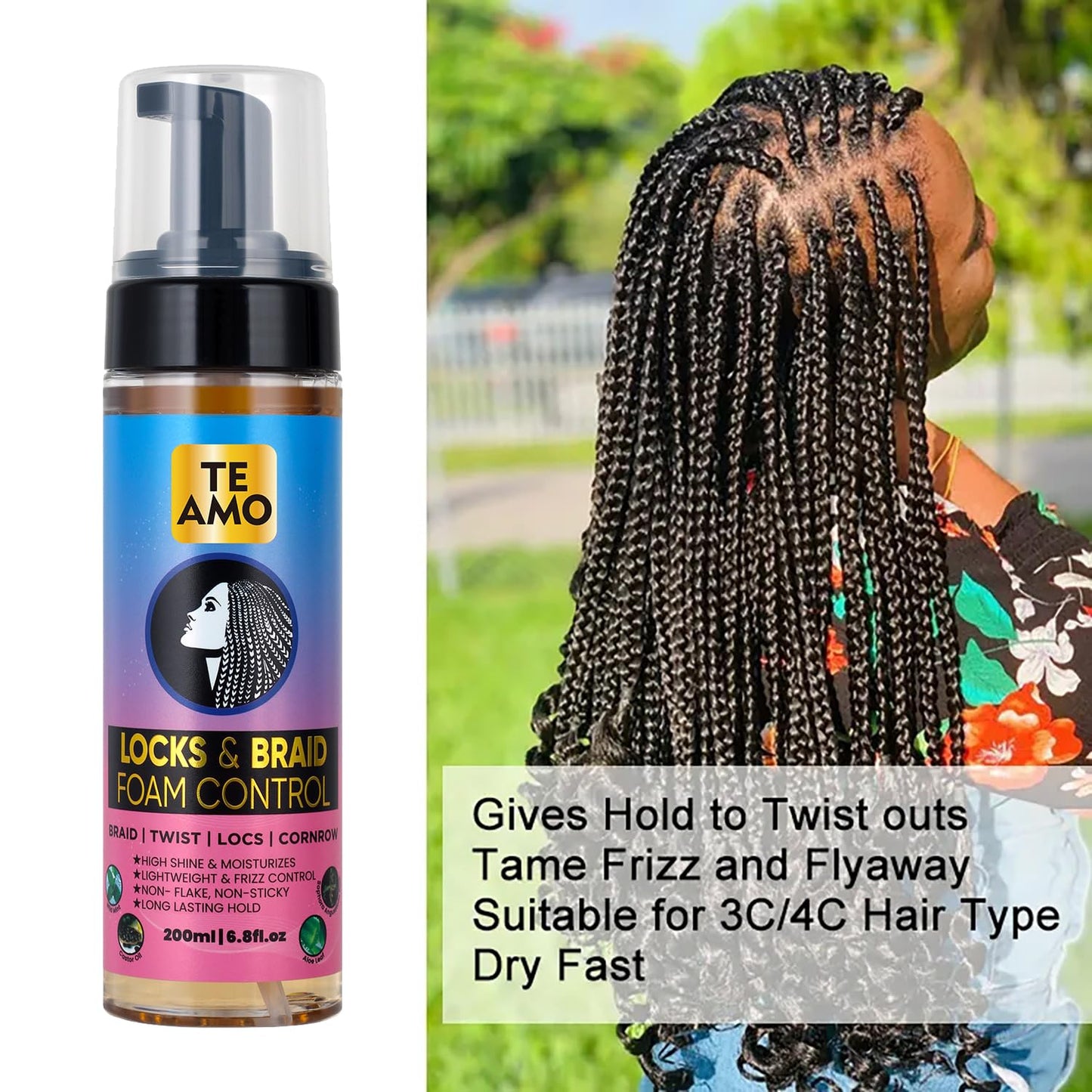 Te Amo Locks & Braid Foam Control - Long-Lasting Braid Foam for braiding | No Frizz or Fraying | Moisturizes & Seals Braids, Locs, Twists & Cornrows