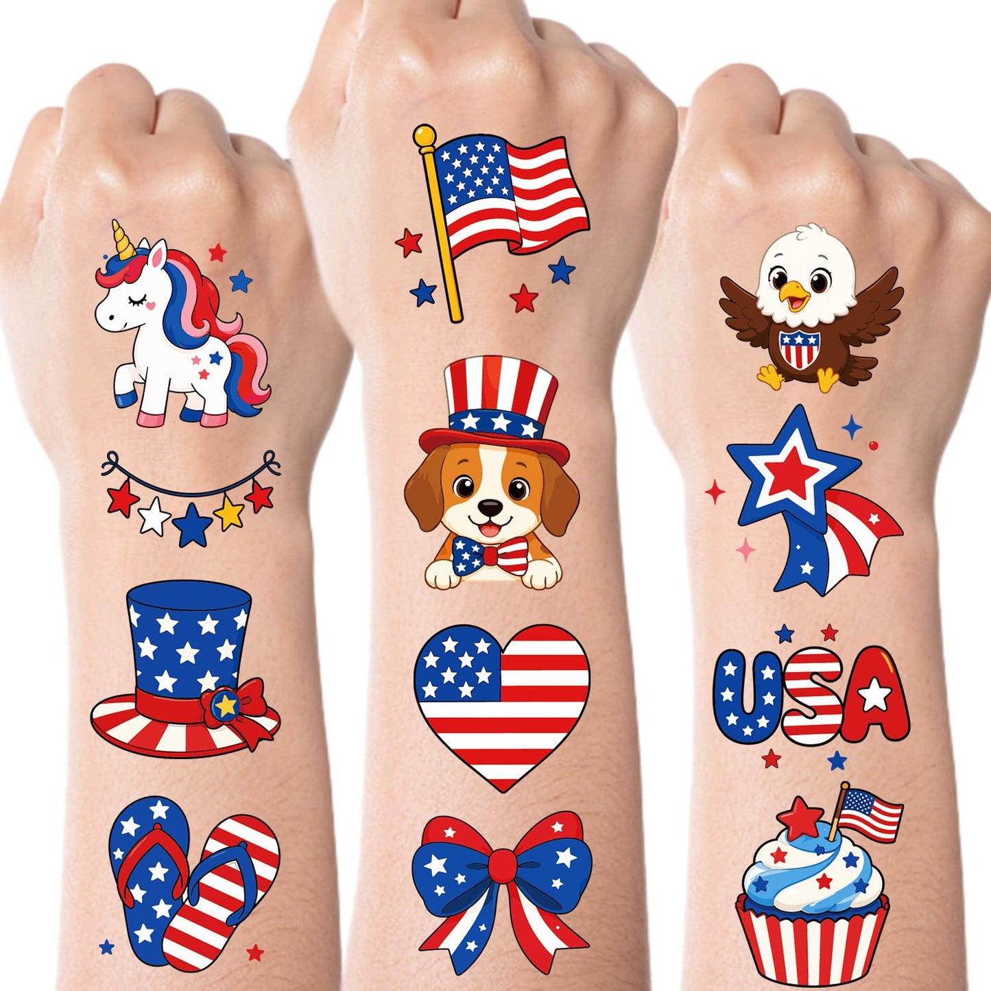 JCFIRE 4th of July Temporary Tattoos for Kids Adults, Cute Independence Day Fake Tattoos Stickers, Fourth of July Red White and Blue 4th of July Beauty and Personal Care JCFIRE Default Title