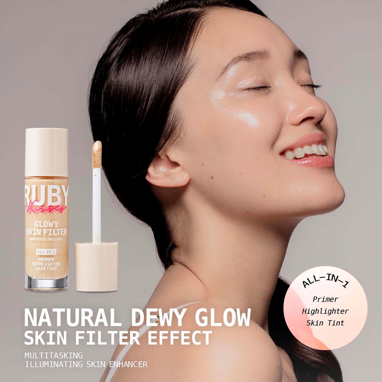 Ruby Kisses Glowy Skin Filter Foundation - All-in-1 Primer, Skin Tint & Highlighter, Hydrating Light Coverage with Squalane, Natural Dewy Finish, Luminous & Radiant Glow (Fair)