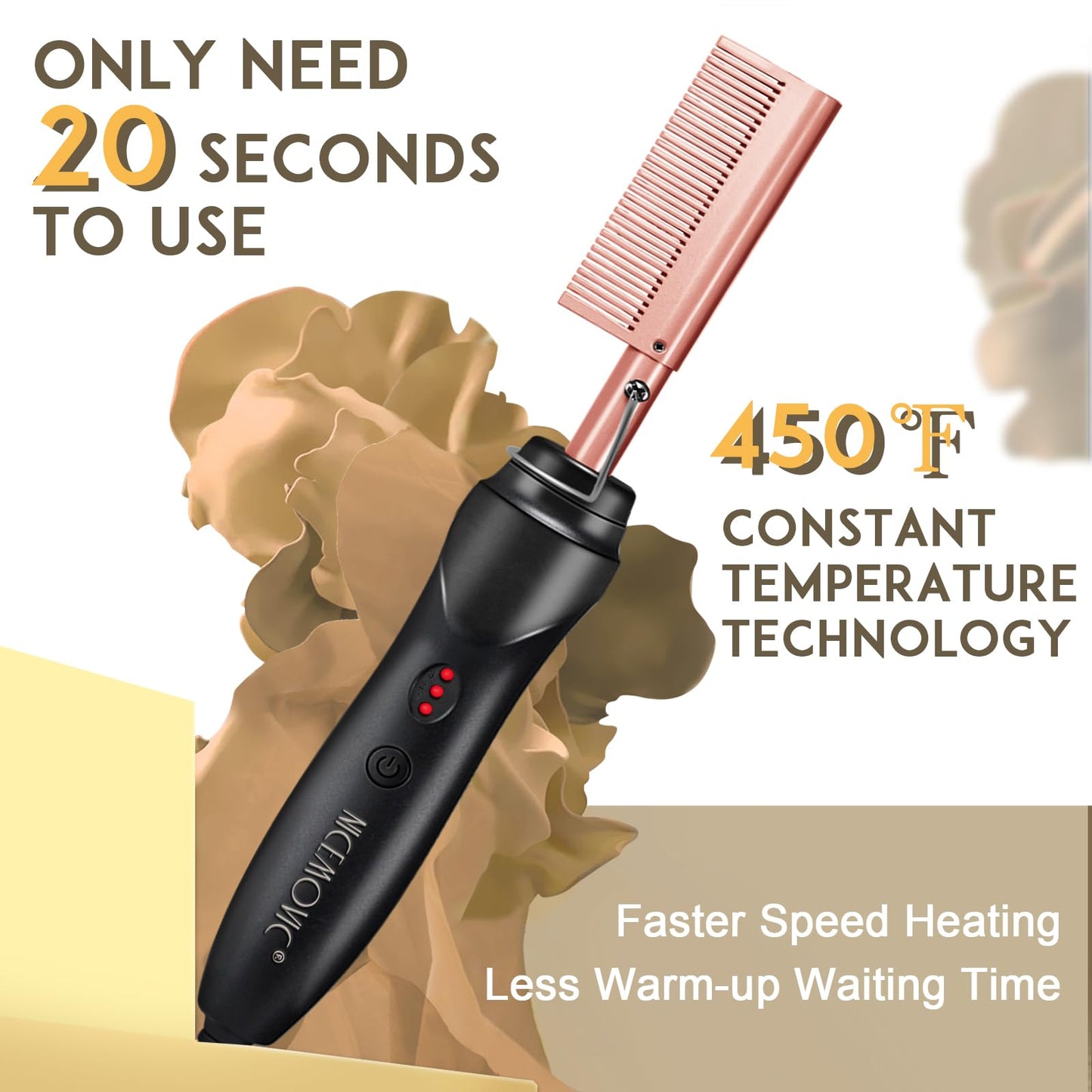 NICEMOVIC Ceramic Heating Hair Straightener Comb - Hot Pressing Brush for Natural Black Hair, Beard Wigs, and Curling (Rose Gold) Beauty and Personal Care NICEMOVIC