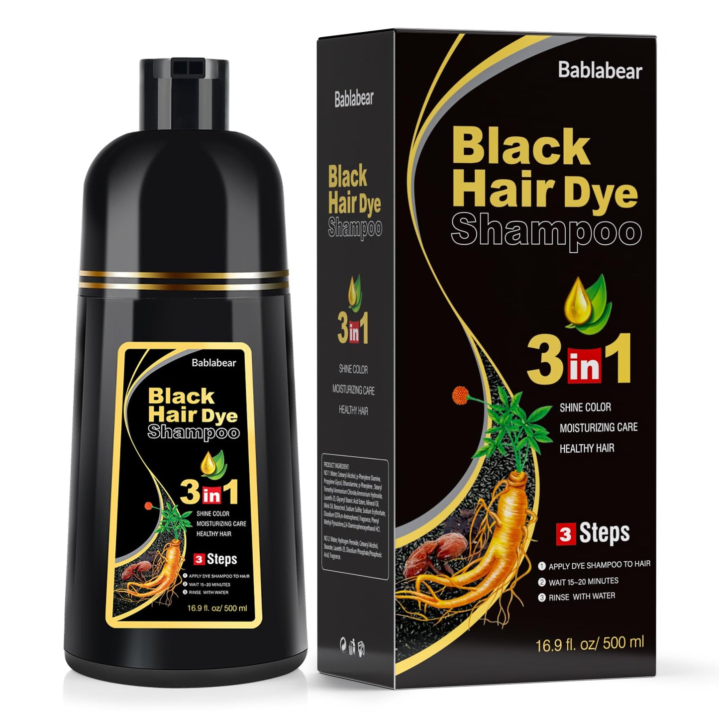 Bablabear Black Hair Dye Shampoo for Gray Hair,Hair Color Shampoo for Women and Men, Grey Coverage.500ml Beauty and Personal Care Bablabear