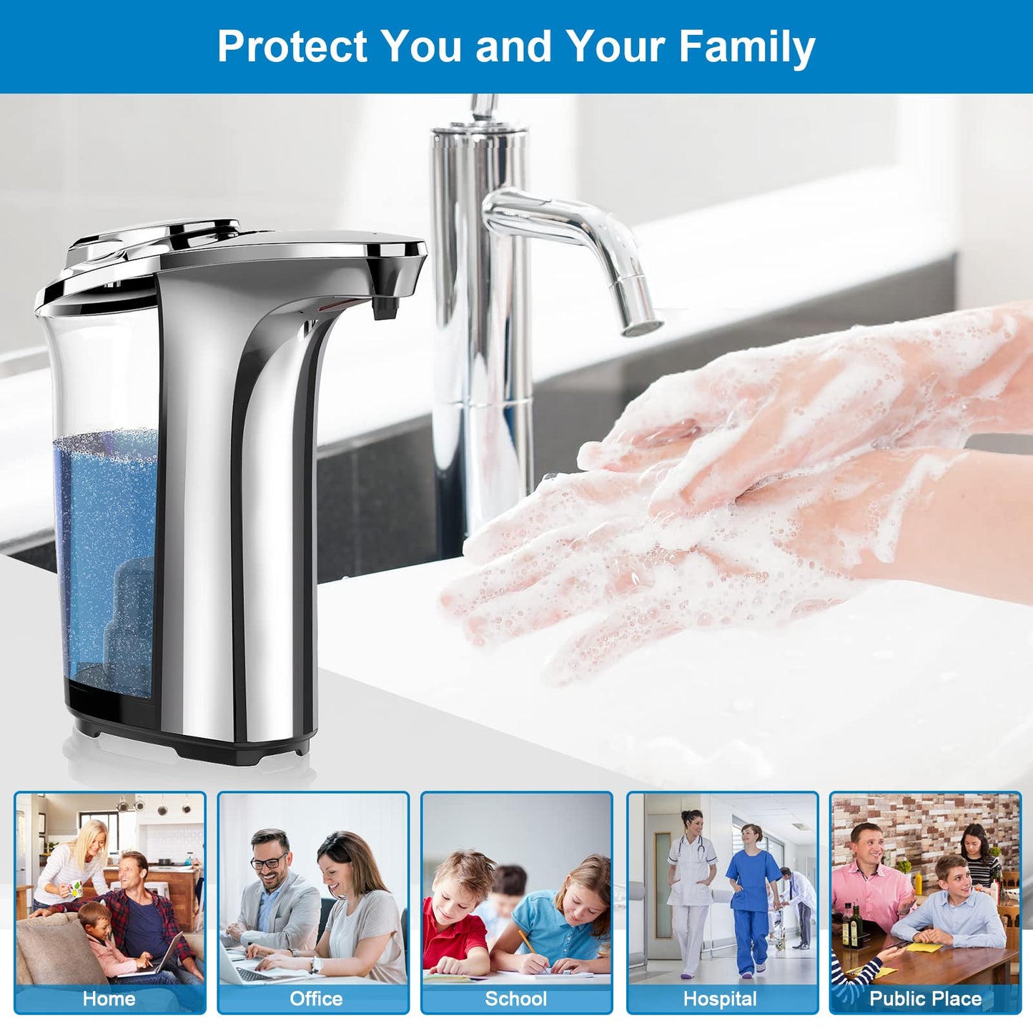 PZOTRUF Touchless Automatic Soap Dispenser, 17oz, Infrared Sensor, 5 Levels, for Bathroom & Kitchen Liquid Soap (Silver)