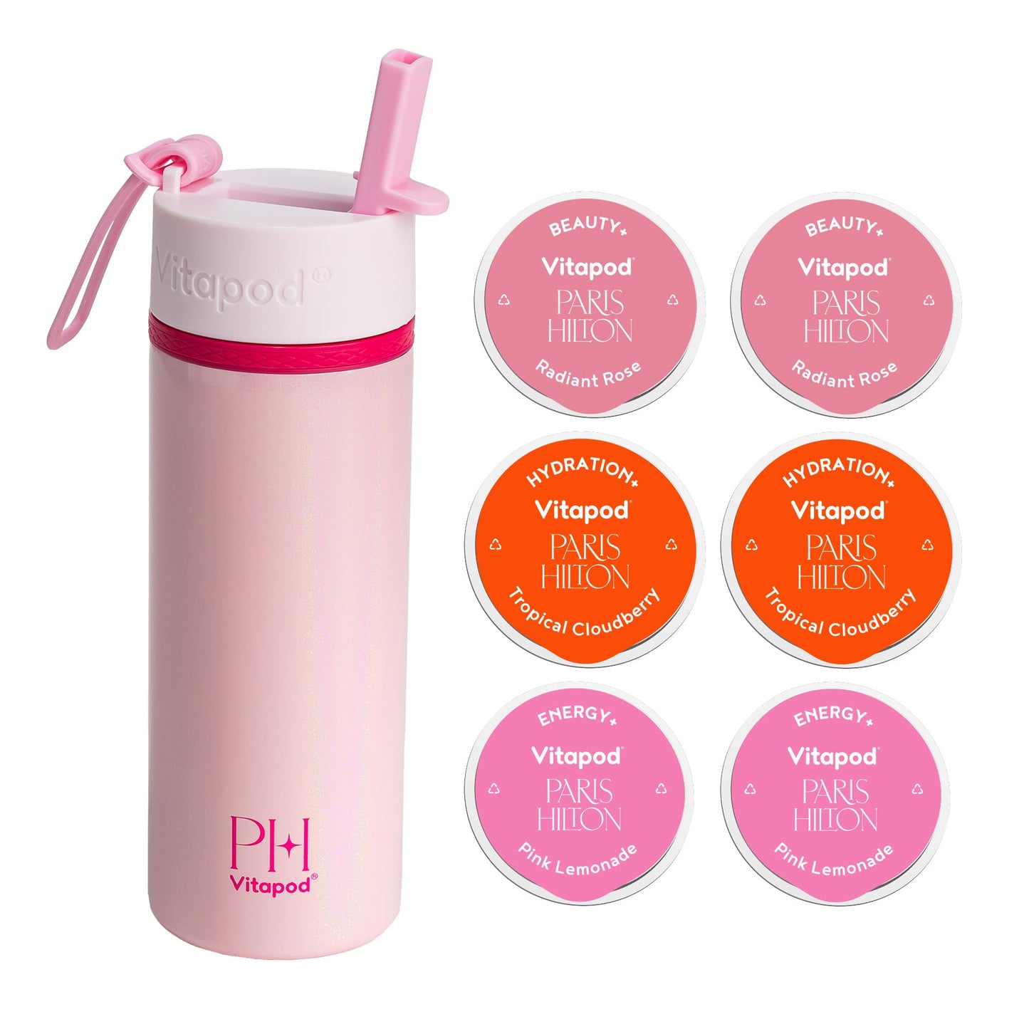 Vitapod Paris Hilton x Daily Wellness System - 22oz Pearlescent Water Bottle in That's Hot Pink & 6 Drink Mix Pod Sampler, Includes BEAUTY+